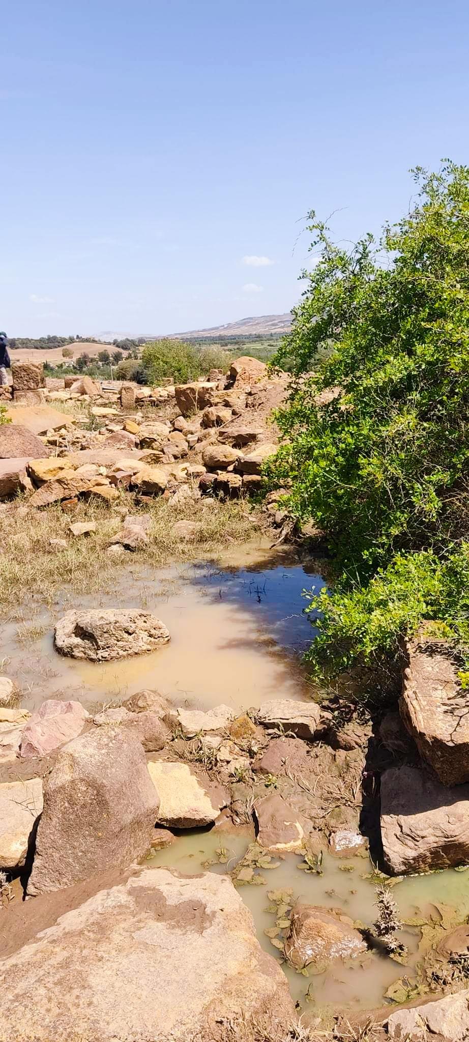 Le site archéologique du port de Quiza, murs de pierre affleurant au sol et eau stagnante, collines en arrière-plan